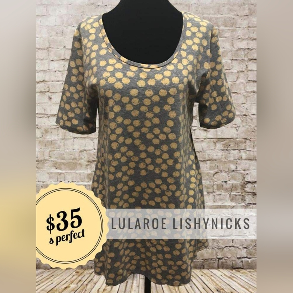 Heather gray Lularoe Perfect T with yellow polka dots